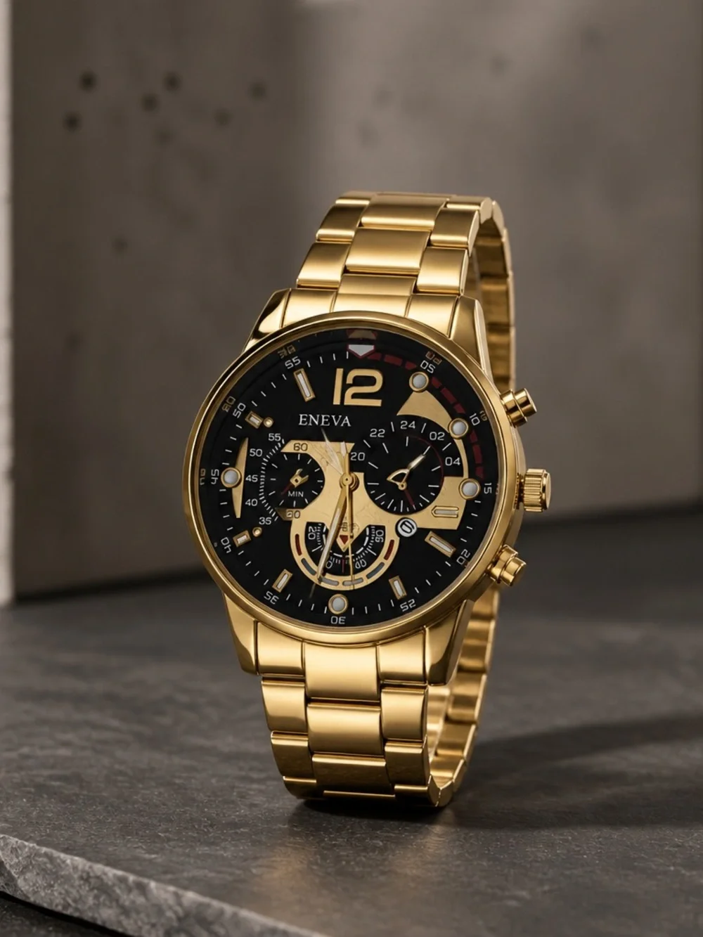 Eneva Men’s Luxury Timepiece Collection Gold Band Black/Gold Case NWT
